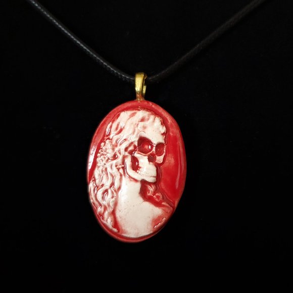 Handmade Ceramic Red Skull Cameo Pendant Necklace - Picture 2 of 14